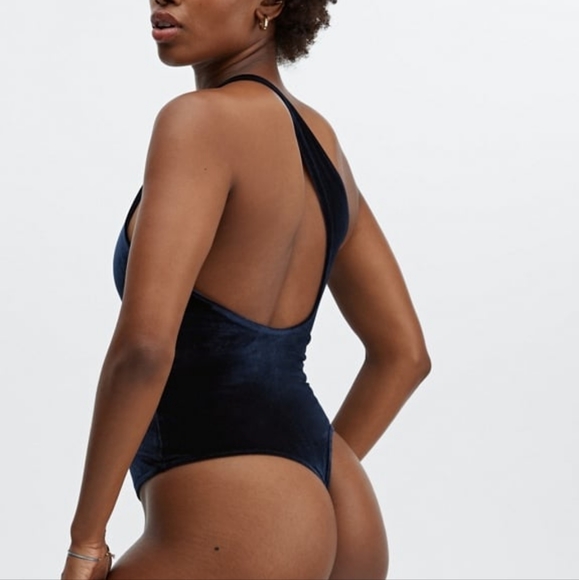 NWT 💙 Fabletics Gigi Velour One Shoulder Bodysuit in Deep Navy Blue • S Small - Picture 2 of 3